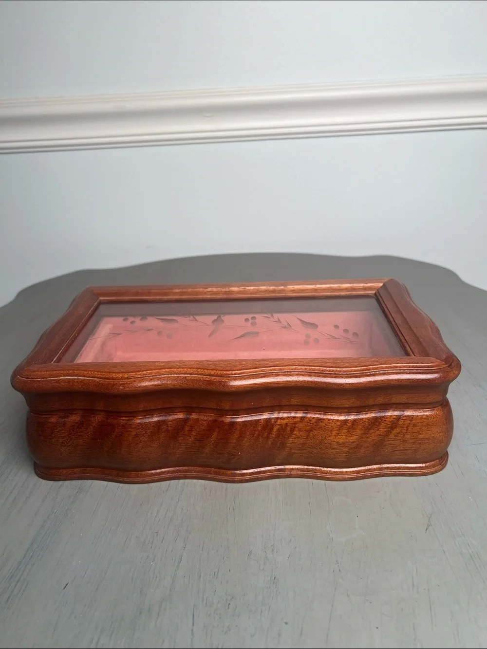 Vintage walnut etched glass jewelry/watch/treasure box. Beautiful curved lines.